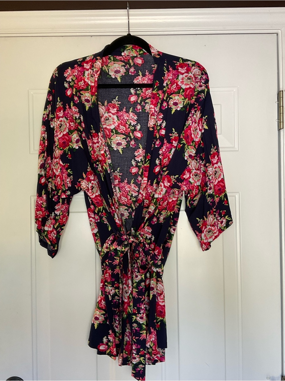 Navy Floral Kimono Robe Cardigan Pink Rose Print Tie Waist 3/4 Sleeve